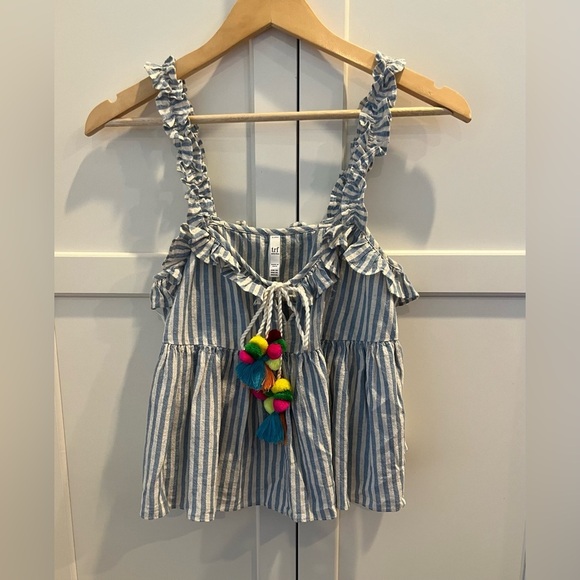 Zara TRF Collection Blue & White Pom Pom Boho V Neck Striped Cropped Top Sz. XS - Picture 1 of 5